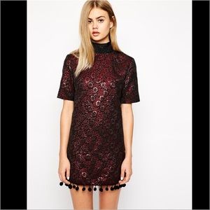 Metallic Ruby Pom Pom Dress